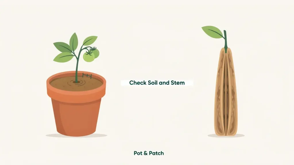 Tomato Plant Wilting? Causes, Fixes, and What to Check 3 Soil moisture check and a split tomato stem showing brown inner streaks