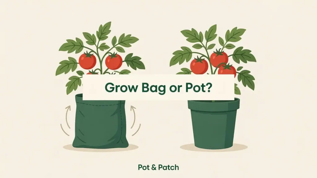 Tomato plant in a fabric grow bag next to one in a hard plastic pot