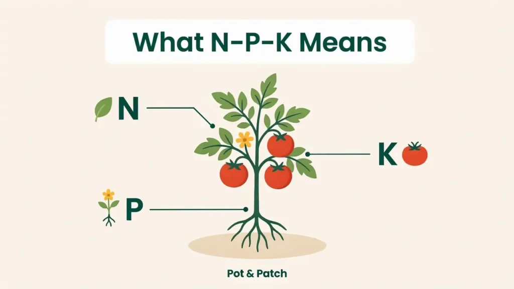 Best Fertilizer for Tomatoes in Containers (+ Feeding Schedule) 3 Diagram showing nitrogen for leaves, phosphorus for roots and fruit, potassium for health