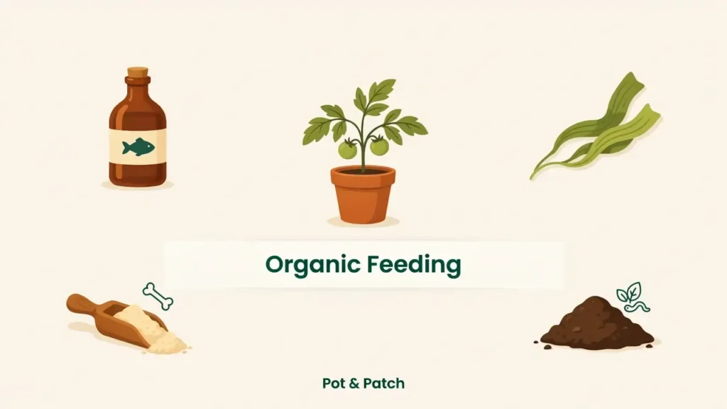 Best Fertilizer for Tomatoes in Containers (+ Feeding Schedule) 6 Fish emulsion, kelp, bone meal and compost shown as organic tomato feeds