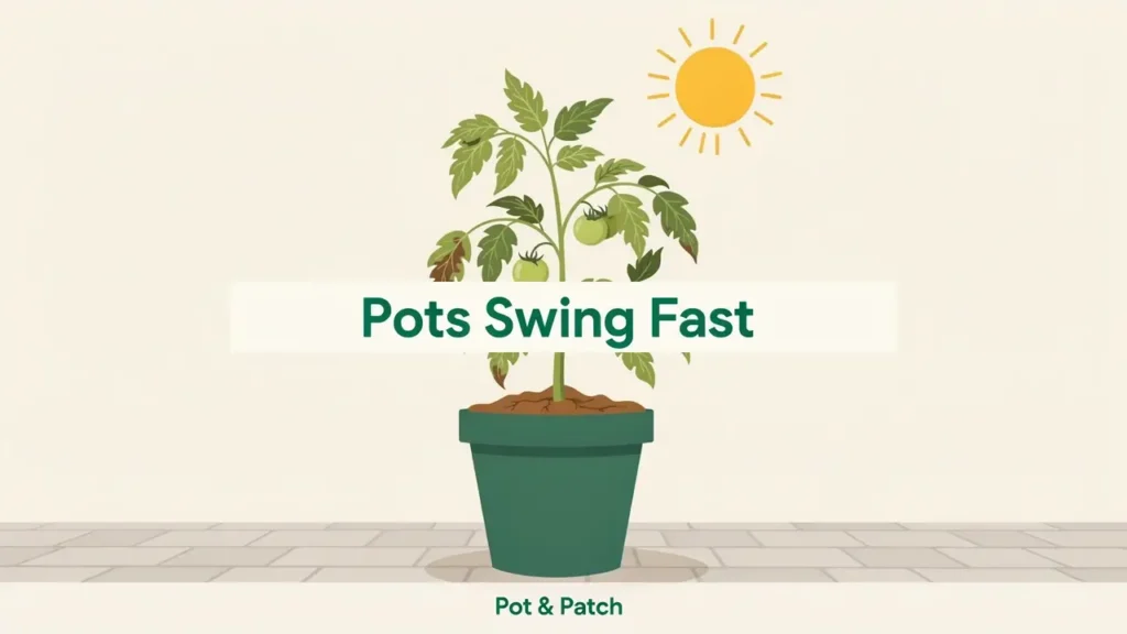 Potted tomato with browning leaves in dry soil on a hot patio