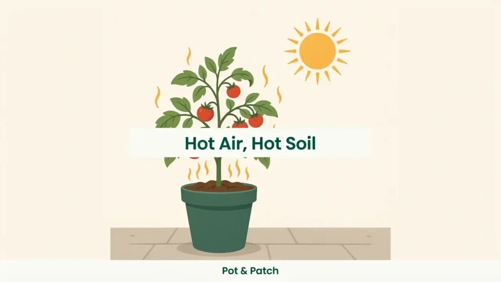 Tomato Leaves Curling? Causes, Fixes, and What to Check 5 Potted tomato with curled leaves in dry soil under hot sun on a patio