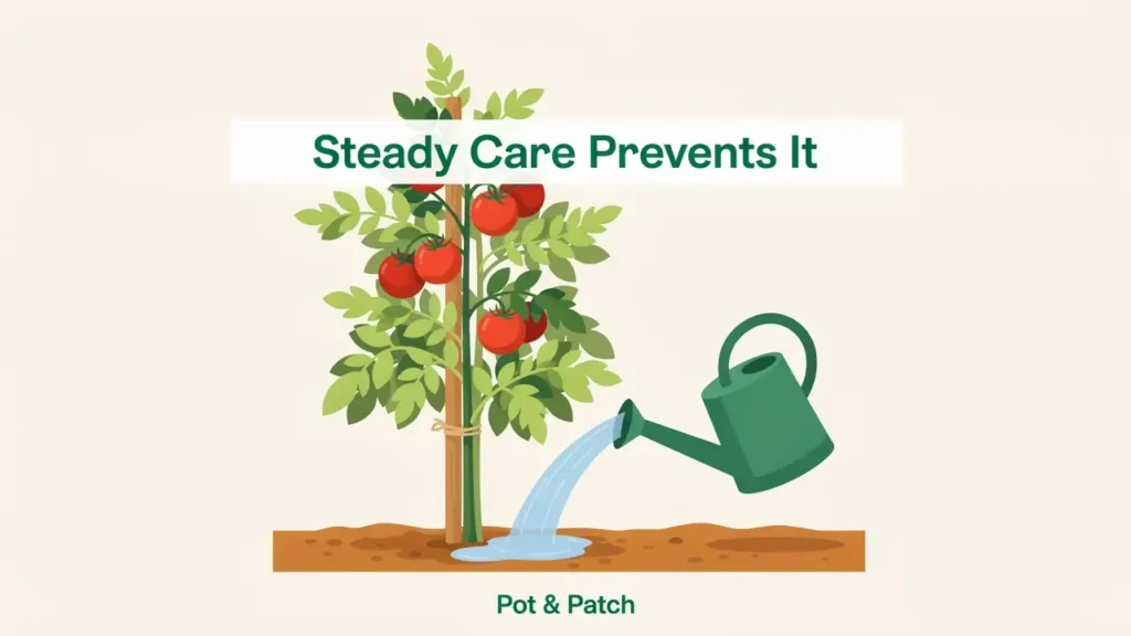 Healthy green tomato plant with mulch and even base watering preventing brown leaves