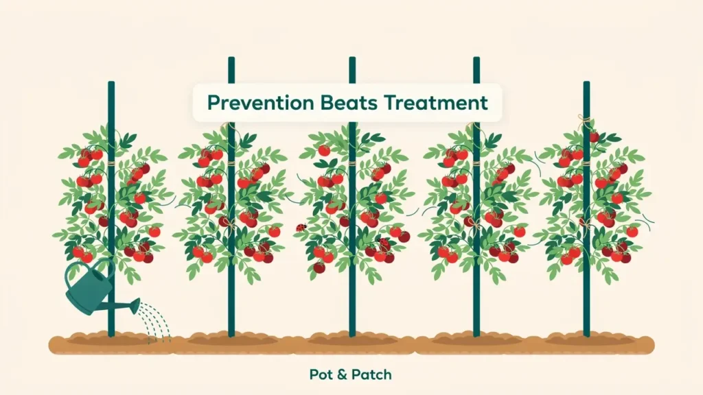 Well-spaced staked tomato plants with mulch and base watering for disease prevention