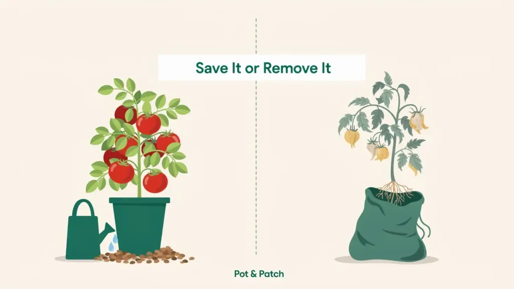 Tomato Plant Wilting? Causes, Fixes, and What to Check 7 Revived healthy tomato beside a diseased plant being removed from the garden
