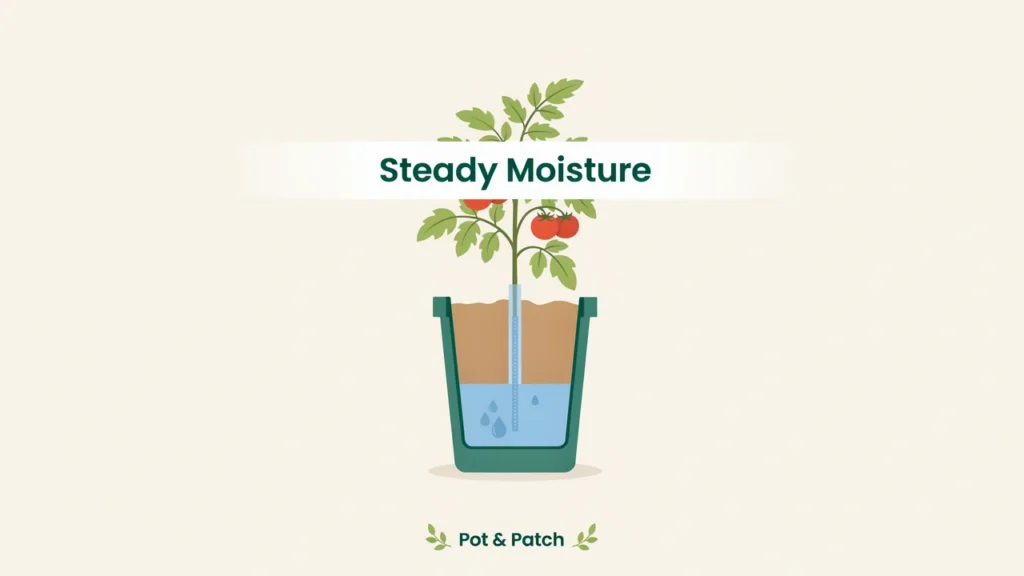 Cutaway of a self-watering tomato pot showing the water reservoir in the base