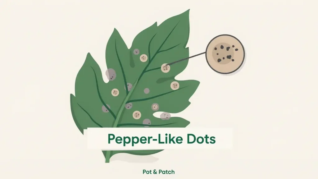 Tomato leaf with many small gray spots each dotted with tiny black specks