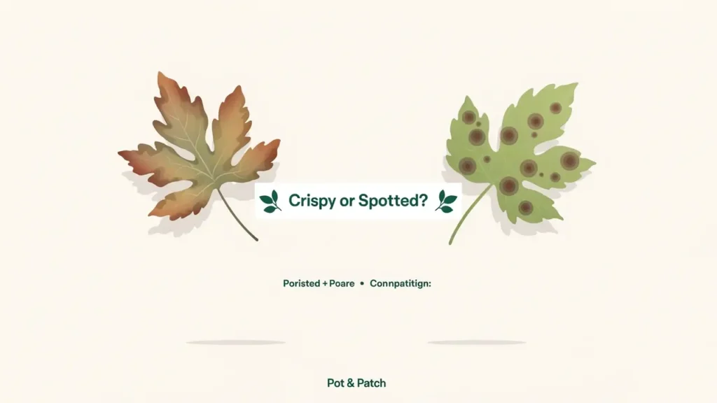Two tomato leaves compared, one dry and crispy brown, one with brown disease spots