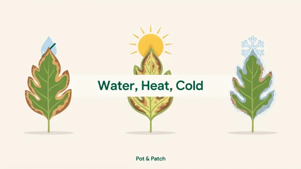 Tomato leaf browning from thirst, sun scorch and frost shown as three everyday causes
