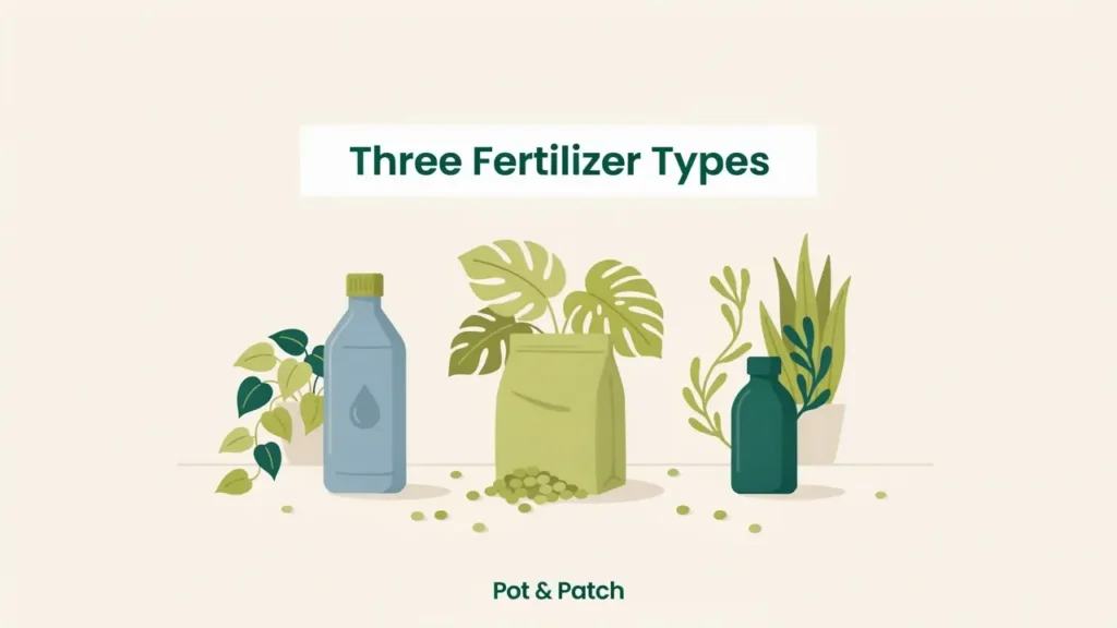 Best Fertilizer for Tomatoes in Containers (+ Feeding Schedule) 4 Bottle of liquid feed, bag of granular pellets and organic fish and kelp side by side