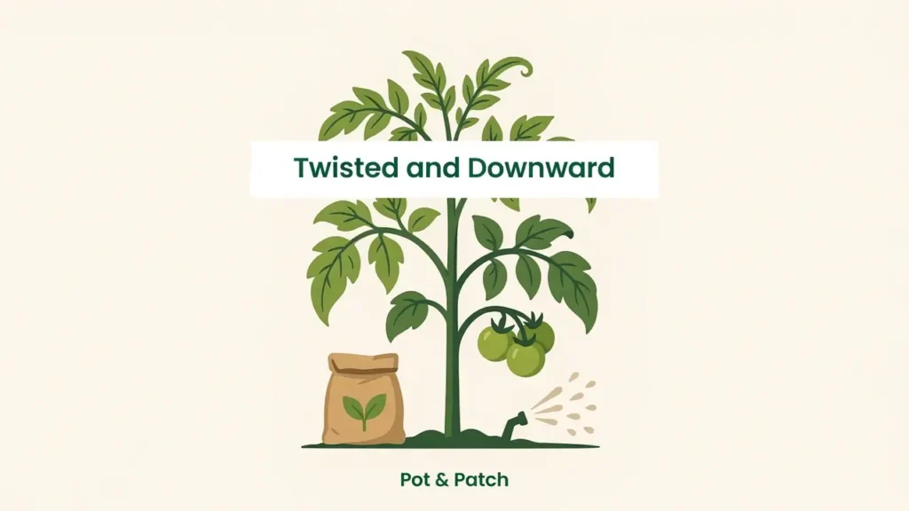 Tomato Leaves Curling? Causes, Fixes, and What to Check 7 Tomato plant with leaves rolling downward and twisted distorted new growth from herbicide