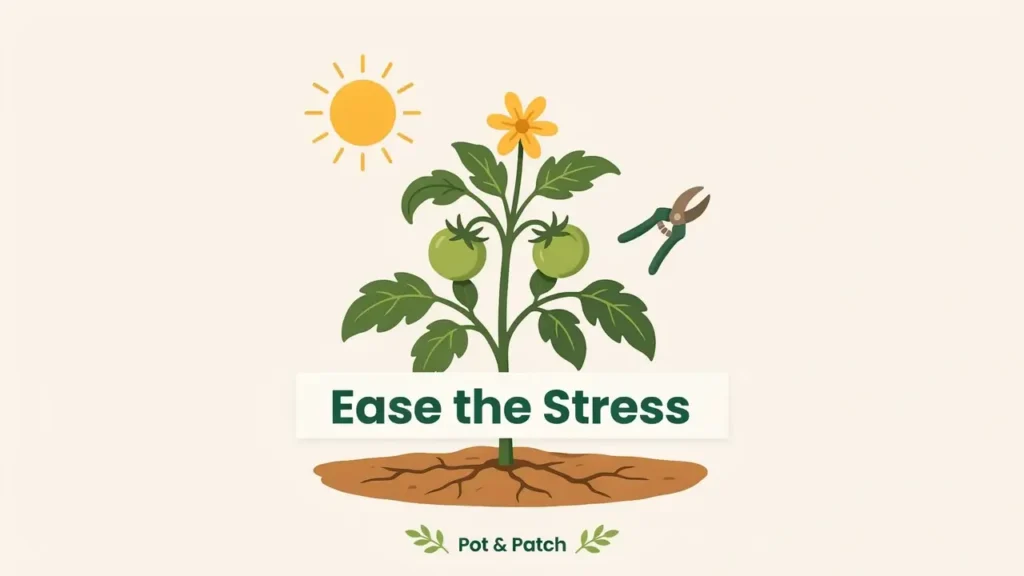 Tomato Leaves Curling? Causes, Fixes, and What to Check 4 Tomato plant with curled leaves under hot sun with dry soil showing stress triggers