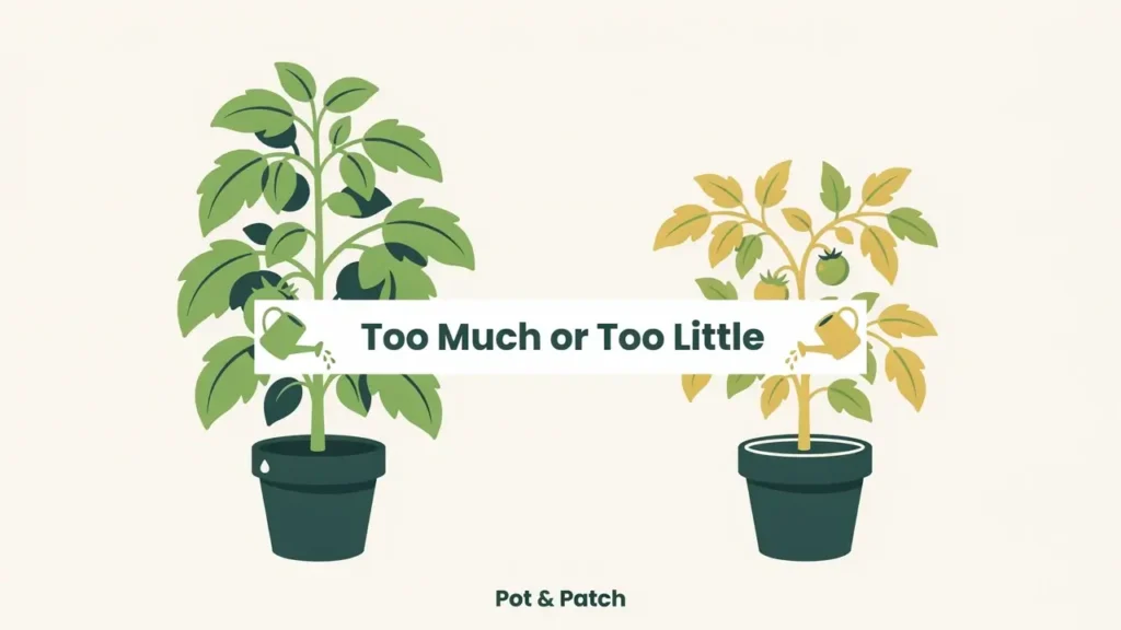 Best Fertilizer for Tomatoes in Containers (+ Feeding Schedule) 7 Lush leafy tomato with no fruit beside a pale underfed tomato plant