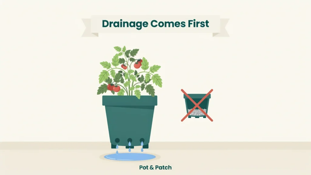 Tomato pot raised on pot feet with water draining freely from holes in the base