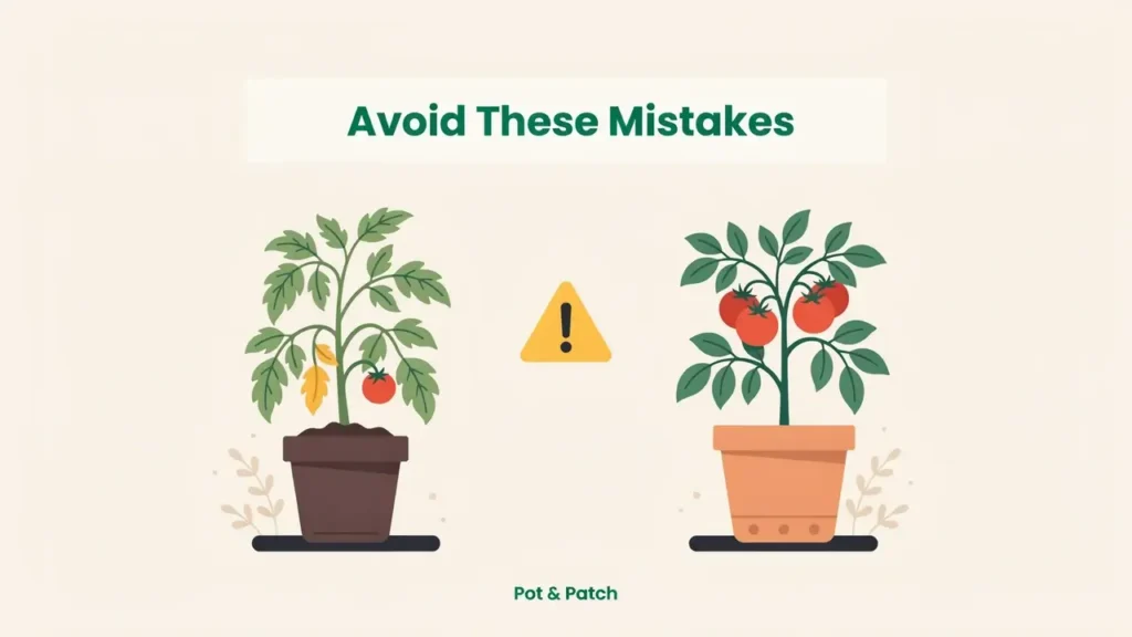 Dark undersized pot with an overheated wilting tomato showing common pot errors