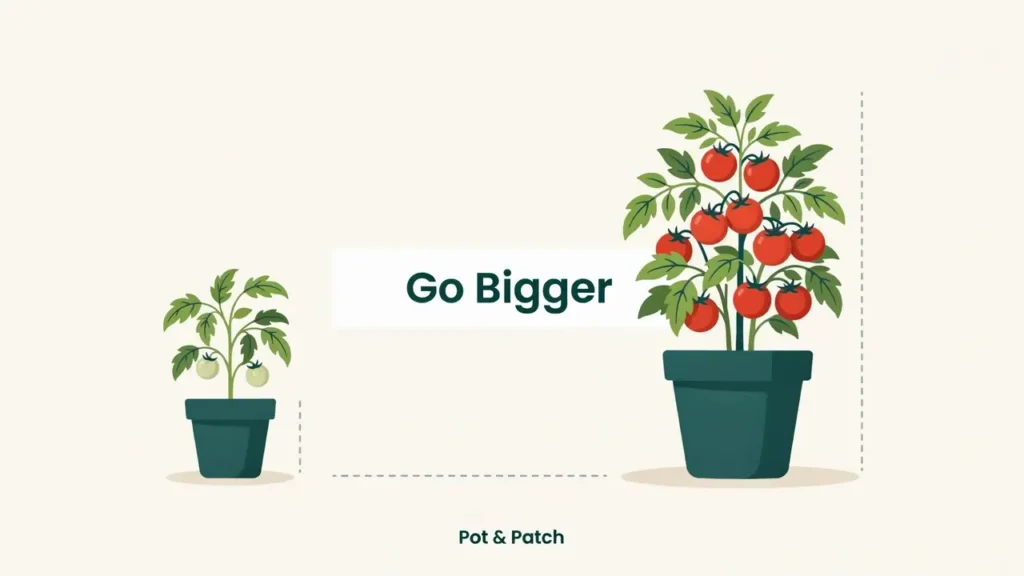Small pot with a cramped tomato beside a large pot with a thriving tomato plant