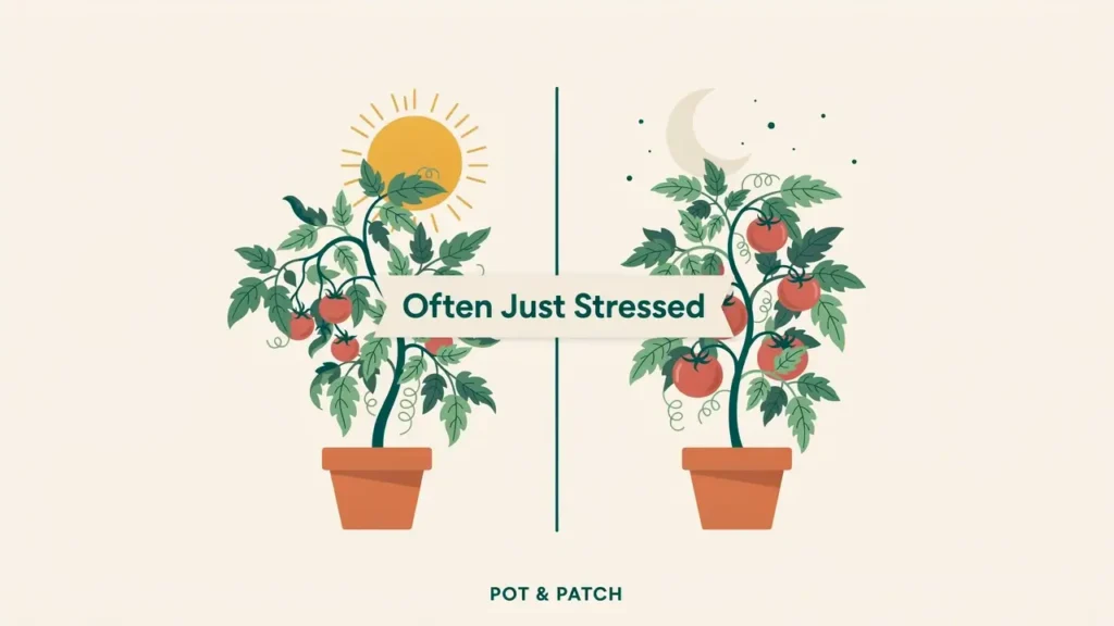 Tomato Plant Wilting? Causes, Fixes, and What to Check 2 Tomato plant drooping in midday sun then upright again by evening