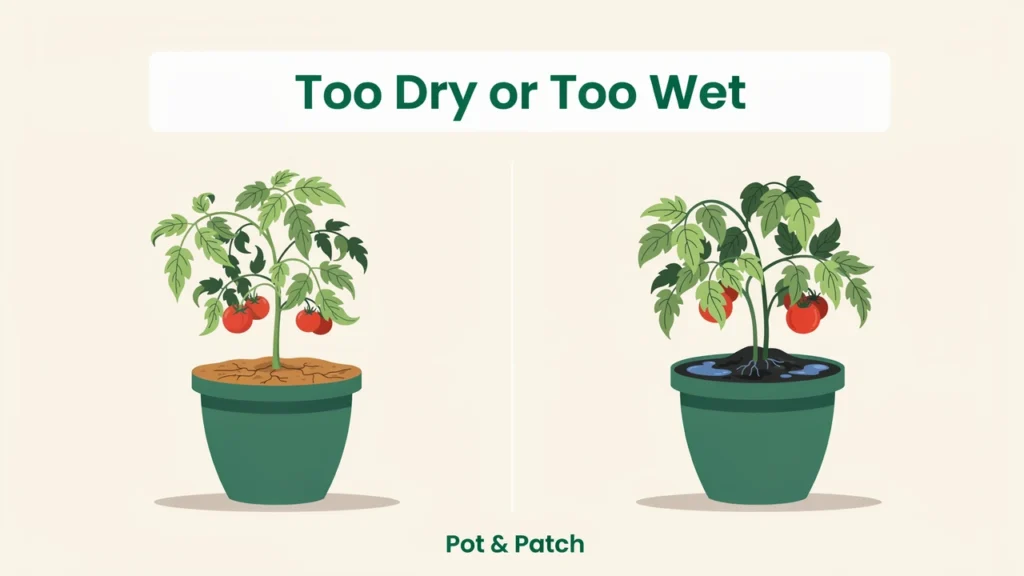 Tomato Plant Wilting? Causes, Fixes, and What to Check 4 Wilting tomato in dry cracked soil beside one in soggy waterlogged soil