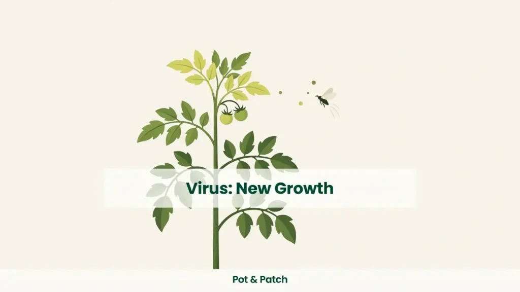 Tomato Leaves Curling? Causes, Fixes, and What to Check 6 Tomato plant with cupped pale new leaves and stunted growth from leaf curl virus
