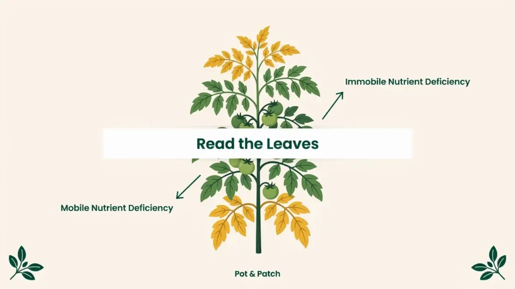 Why Are My Tomato Leaves Turning Yellow? (Causes & Fixes) 3 Diagram contrasting lower-leaf yellowing with upper-leaf yellowing on a tomato plant