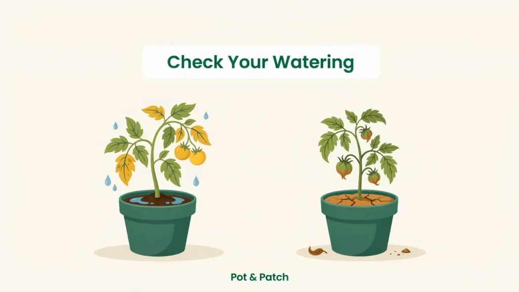 Why Are My Tomato Leaves Turning Yellow? (Causes & Fixes) 4 Overwatered drooping yellow tomato beside an underwatered one with dry edges
