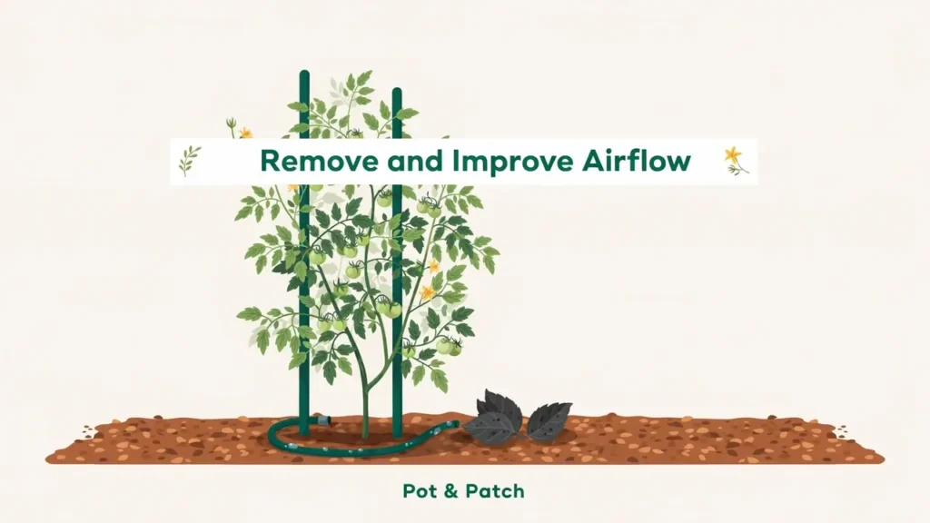 Spotted lower tomato leaves being removed and base watering with mulch